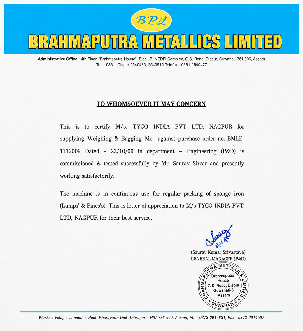 Brahmaputra Metallics Certificate
