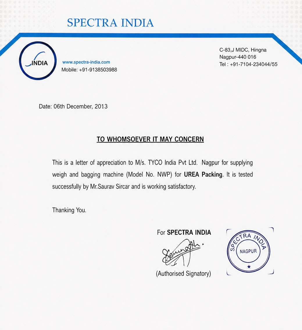 Spectra India Certificate
